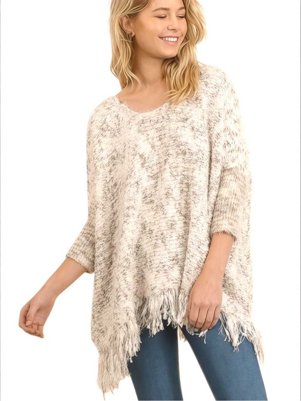 🫶 NWT Umgee Marble Chunky Knit Fringe Hem Tan White Sweater Medium/Large